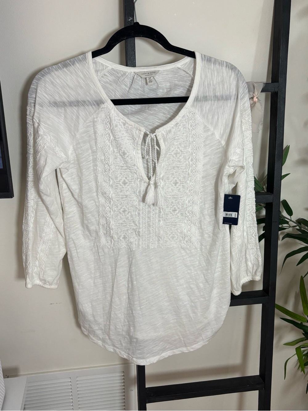 Lucky Brand White Embroidered Tassel Peasant Top
